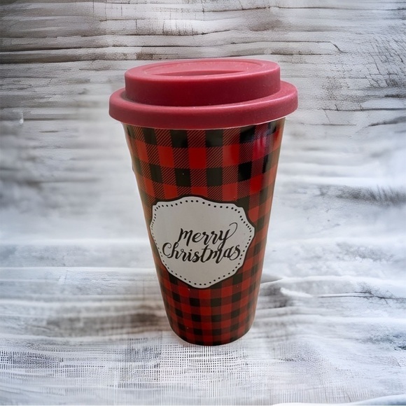 Merry Christmas Buffalo Plaid Ceramic Coffee Travel Mug NWT Silicone Lid - Picture 1 of 8